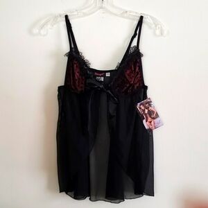 Dream girl lingerie top, sheer, red black, tie front, women's size medium